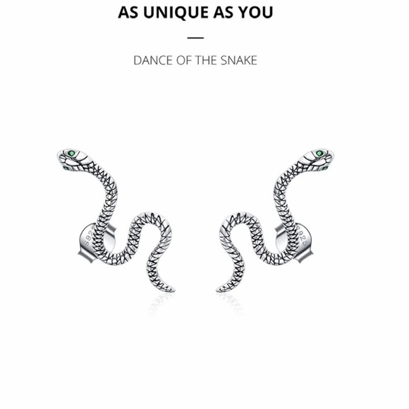 925 Sterling Silver Snake Studs Punk Earrings, Unisex Hypoallergenic Earrings - Picture 2 of 8